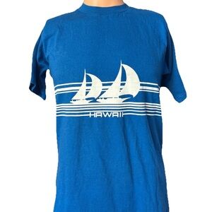 Vintage 1981 Single Stitch Crazy Shirts Hawaii Blue Sailboat Shirt Size M